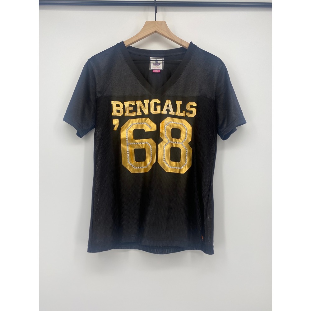 PINK Victoria's Secret Bengals Jersey Small Black Gold Foil Rhinestone Fair